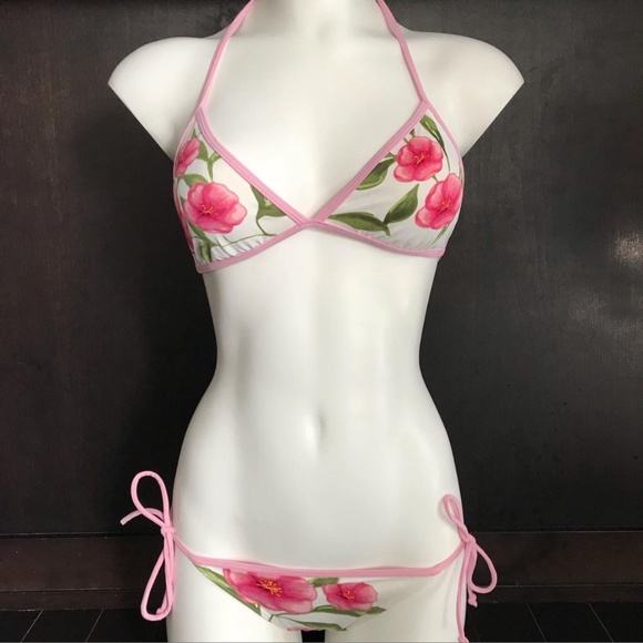 Billabong white & rose floral pink trim bikini set - Picture 2 of 8